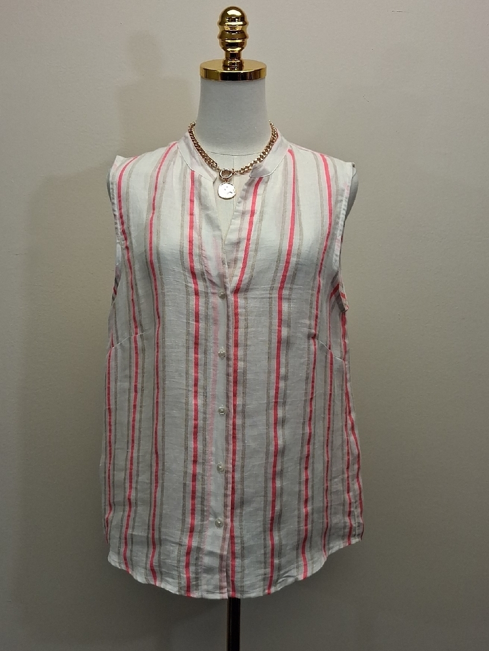 Vilagallo Pink White Stripe Sleeveless Button Front Blouse Size Large